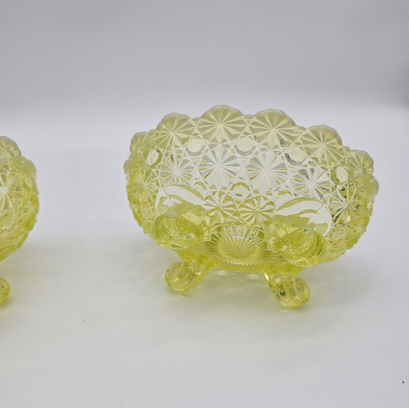 Vtg Topaz Vaseline Glass Daisy And Button Trinket Dish And Candle Holder c.1930s - Picture 5 of 8